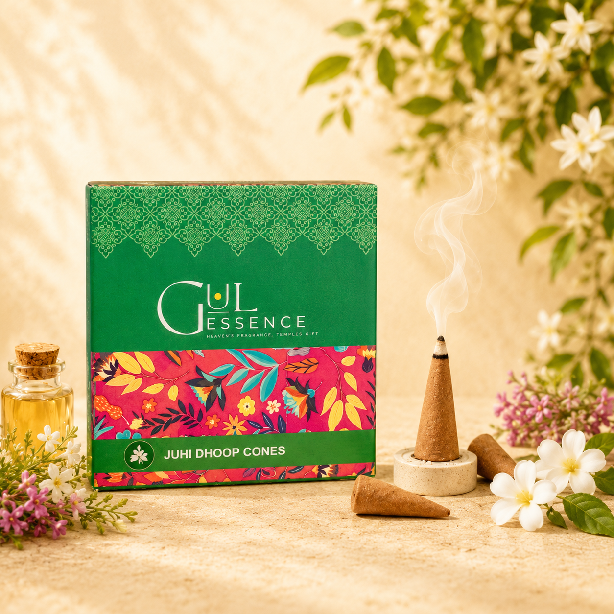 Gulessence Juhi dhoop cones box with ceramic stand, 40 cones pack
