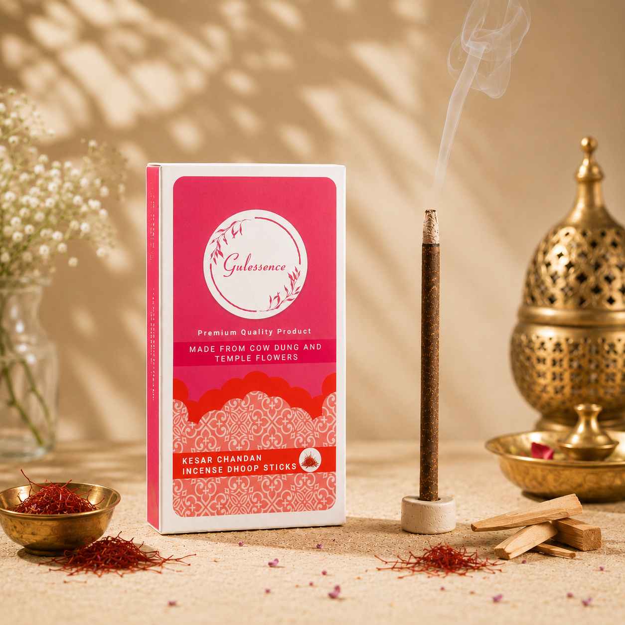 Gulessence Kesar Chandan Bambooless Dhoop Sticks made from natural ingredients with a long-lasting saffron and sandalwood fragrance