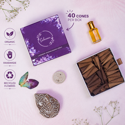 Gulessence Lavender dhoop cones box with ceramic stand, 40 cones pack-Lavender dhoop cone burning on ceramic stand with rising smoke