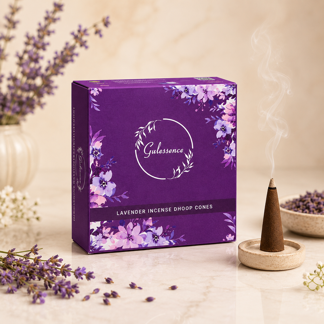 Lavender Dhoop Cones | Made from Temple Flower | Gulessence - Gulessence-Gulessence Lavender dhoop cones box with ceramic stand, 40 cones pack