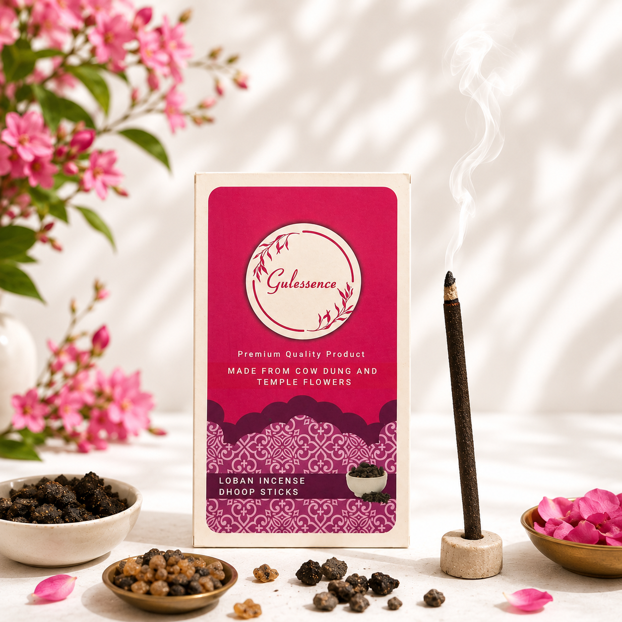 Gulessence Loban Bambooless Dhoop Sticks made from recycled temple flowers, cow dung and natural ingredients with a long-lasting loban fragrance