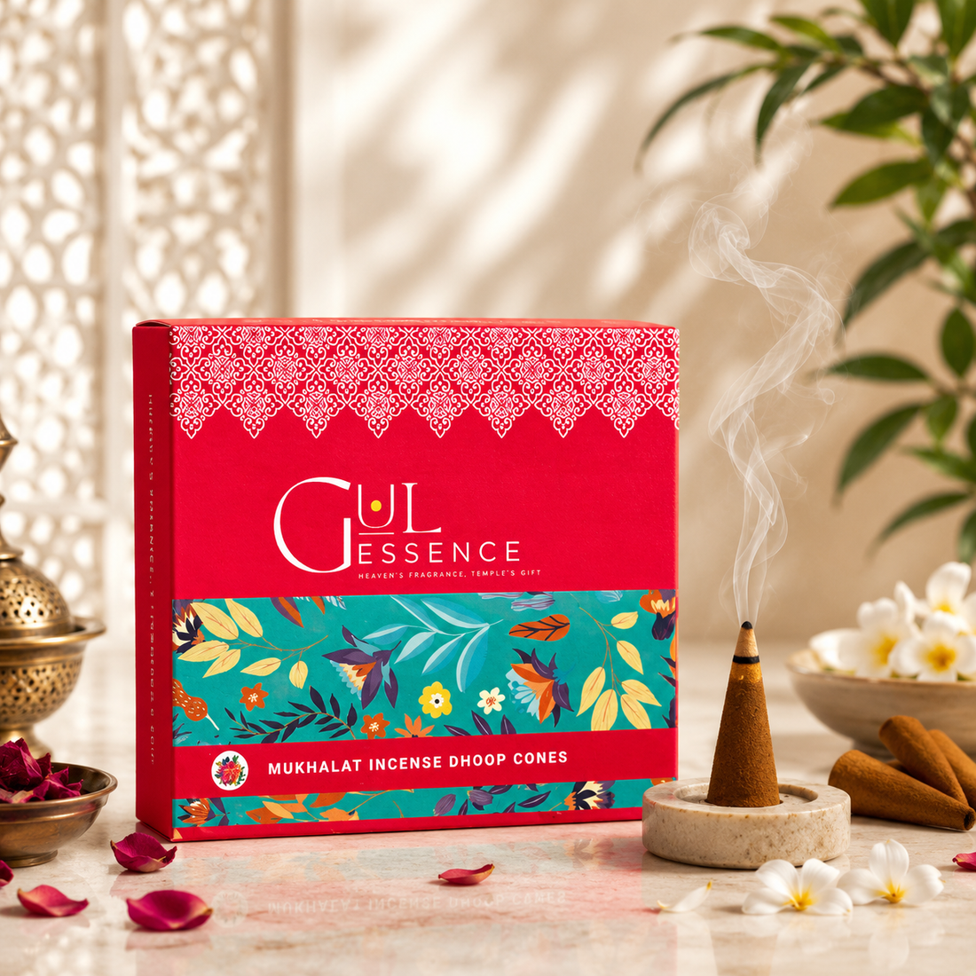 Gulessence Mukhallat dhoop cones box with ceramic stand, 40 cones pack