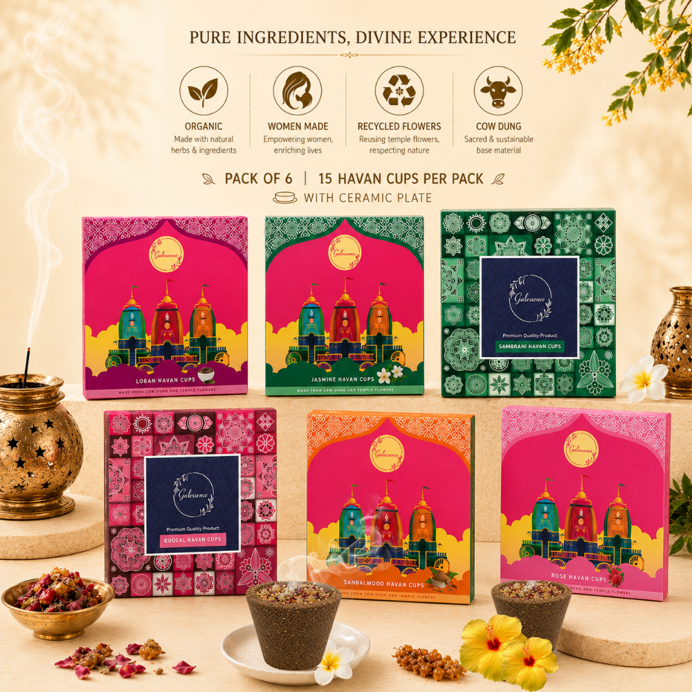 Gulessence Organic Havan Cups Combo – Pack of 6 | Rose · Jasmine · Loban · Guggal · Sambrani · Sandal | 90 Cups + Free Ceramic Plate