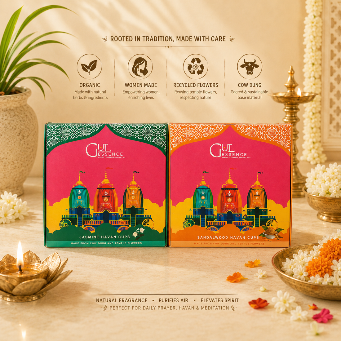 Gulessence Organic Sandalwood &amp; Jasmine Havan Cups – Charcoal-Free, Pack of 2