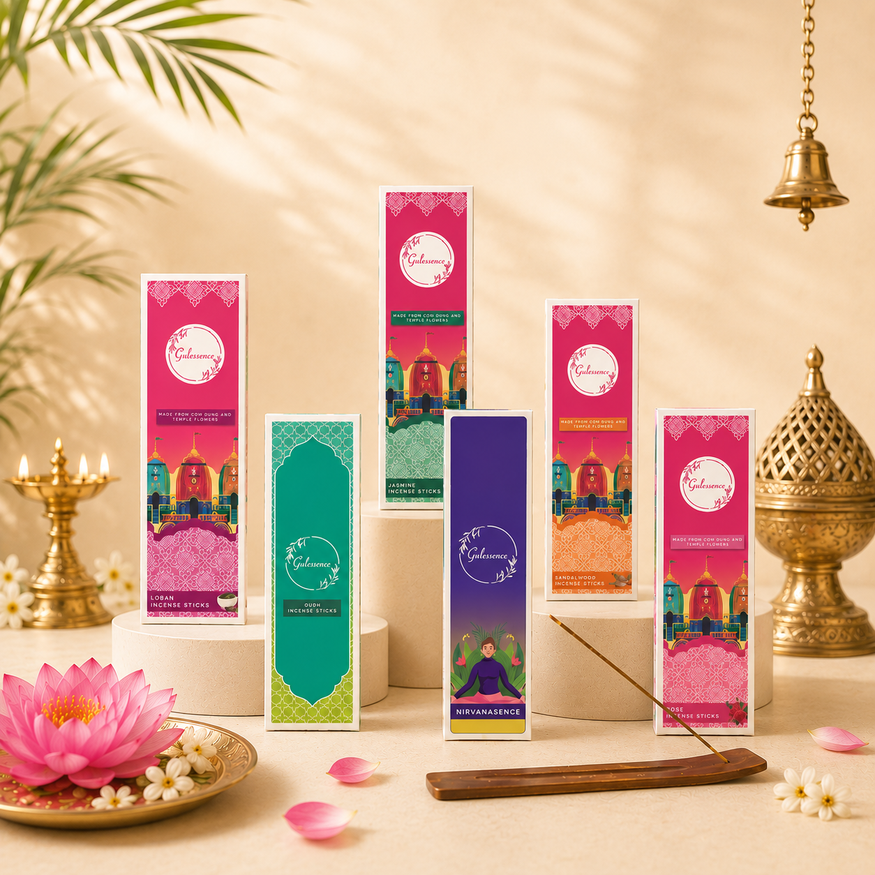 Gulessence (Pack of 6) -Loban ,Oudh, Rose, Jasmine ,Nirvanasence &amp; Sandalwood Incense Sticks with Free Incense Holder