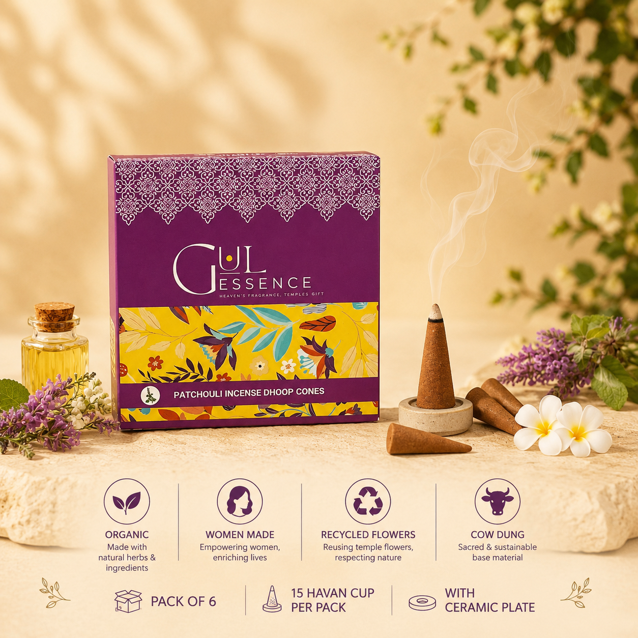 Gulessence Patchouli dhoop cones box with ceramic stand, 40 cones pack