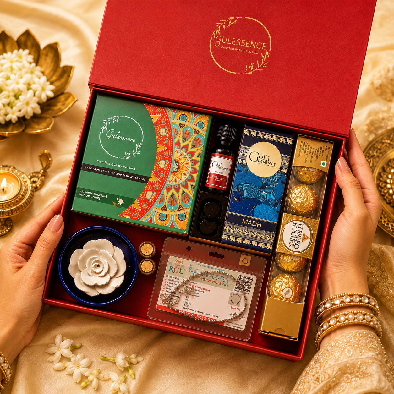  Gulessence Premium Rakhi Gift Box For Sister – With Pyrite Anklet, Attar, Dhoop Cones, Essential Oil &amp; More