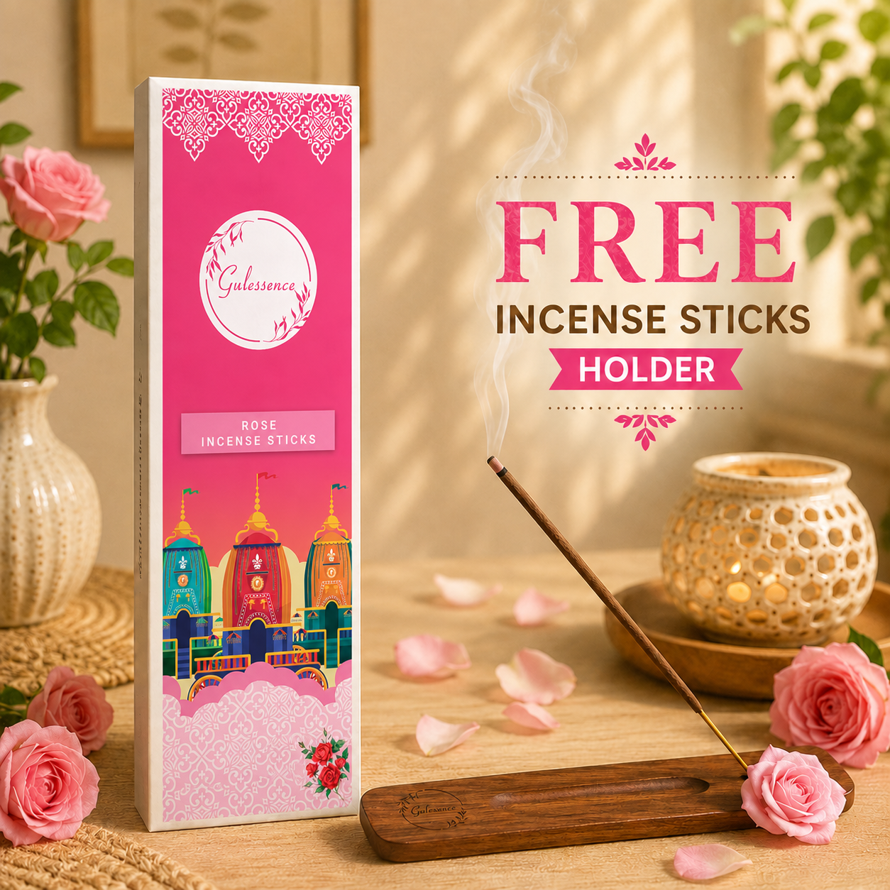 Gulessence Rose Incense Sticks — charcoal-free, made from temple flowers &amp; cow dung