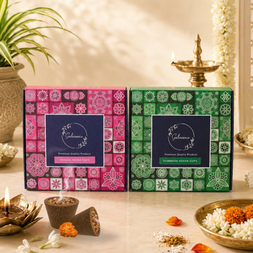 Gulessence Sambrani & Guggal Havan Cups – Pack of 2 | 30 Cups + Free Ceramic Plate | Cow Dung & Temple Flowers