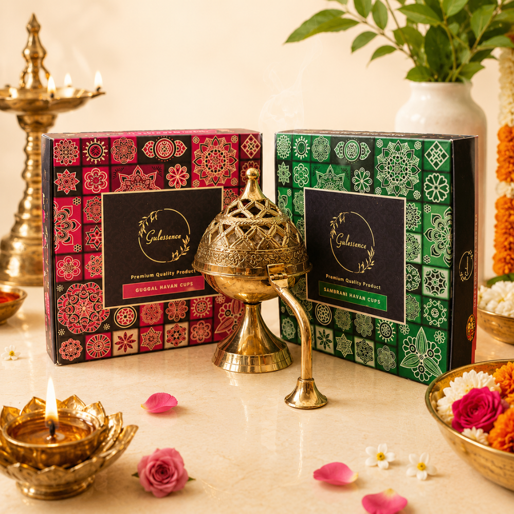 Gulessence Sambrani &amp; Guggal Havan Cups with Brass Dhooni 