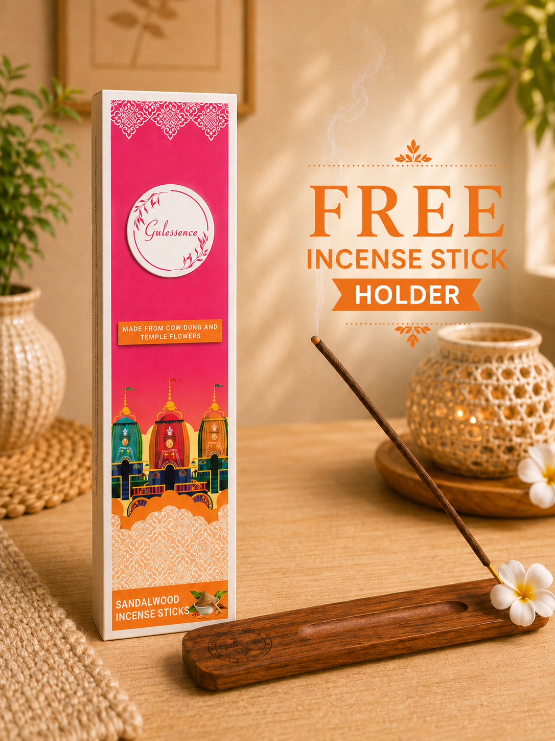 Gulessence Sandalwood Incense Sticks – Cow Dung &amp; Temple Flowers