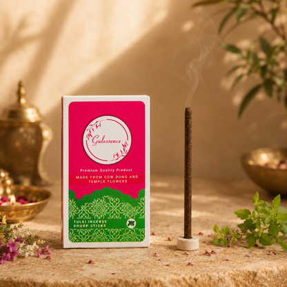 Gulessence Tulsi Bambooless Dhoop Sticks made from recycled temple flowers, cow dung and natural ingredients with a long-lasting Tulsi fragrance