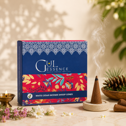 Gulessence White Cedar dhoop cones box with ceramic stand, 40 cones pack