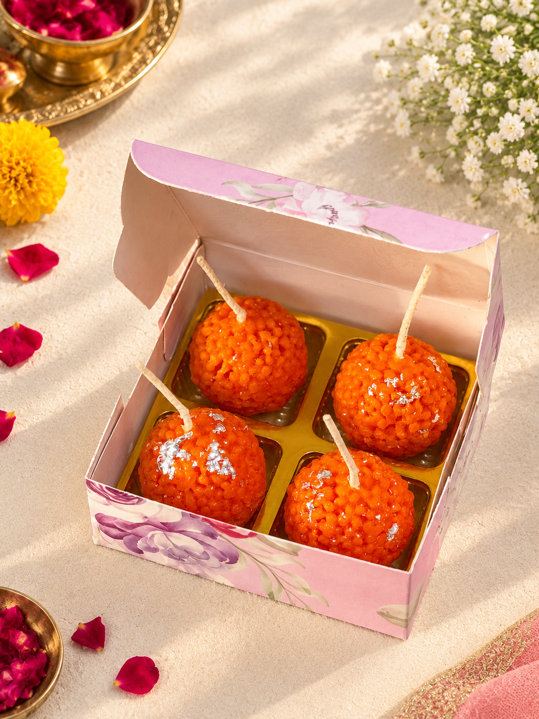Gulessence handmade laddu shaped candles, pack of 4, for Diwali decor and gifting