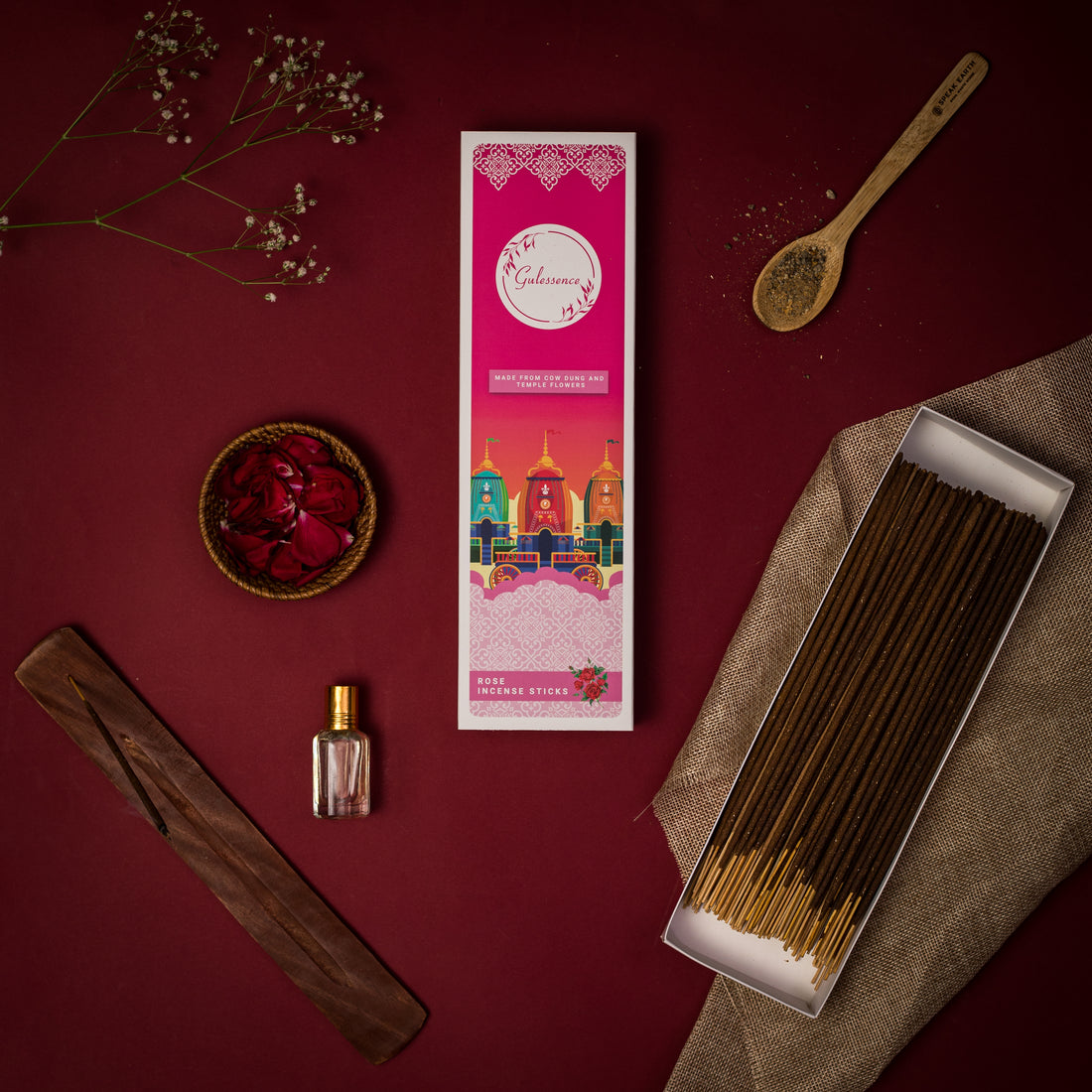 Rose Incense Sticks | Made from Cowdung &amp; Temple Flowers | Gulessence - Gulessence