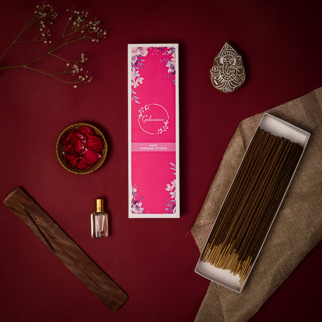 Gulessence  Floral Sandal, Oudh ,Rose Incense Sticks with Free Incense Holder | Pack of 3 (40 Incense Sticks Each Box)