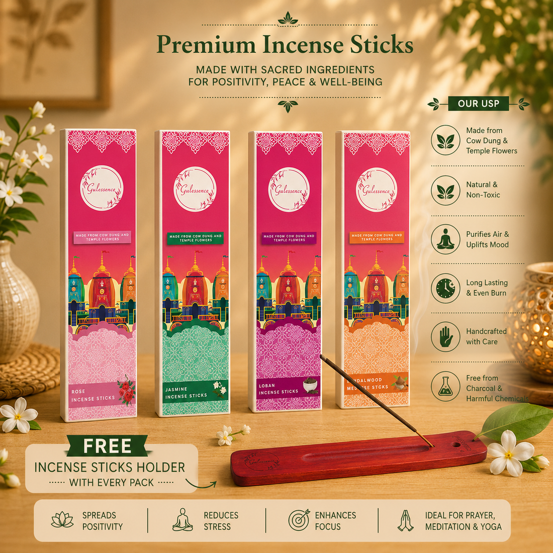Gulessence Incense Sticks Combo — Loban, Rose, Jasmine &amp; Sandalwood. Charcoal-free, made from temple flowers &amp; cow dung. 160 sticks + free holder. Save 15%.
