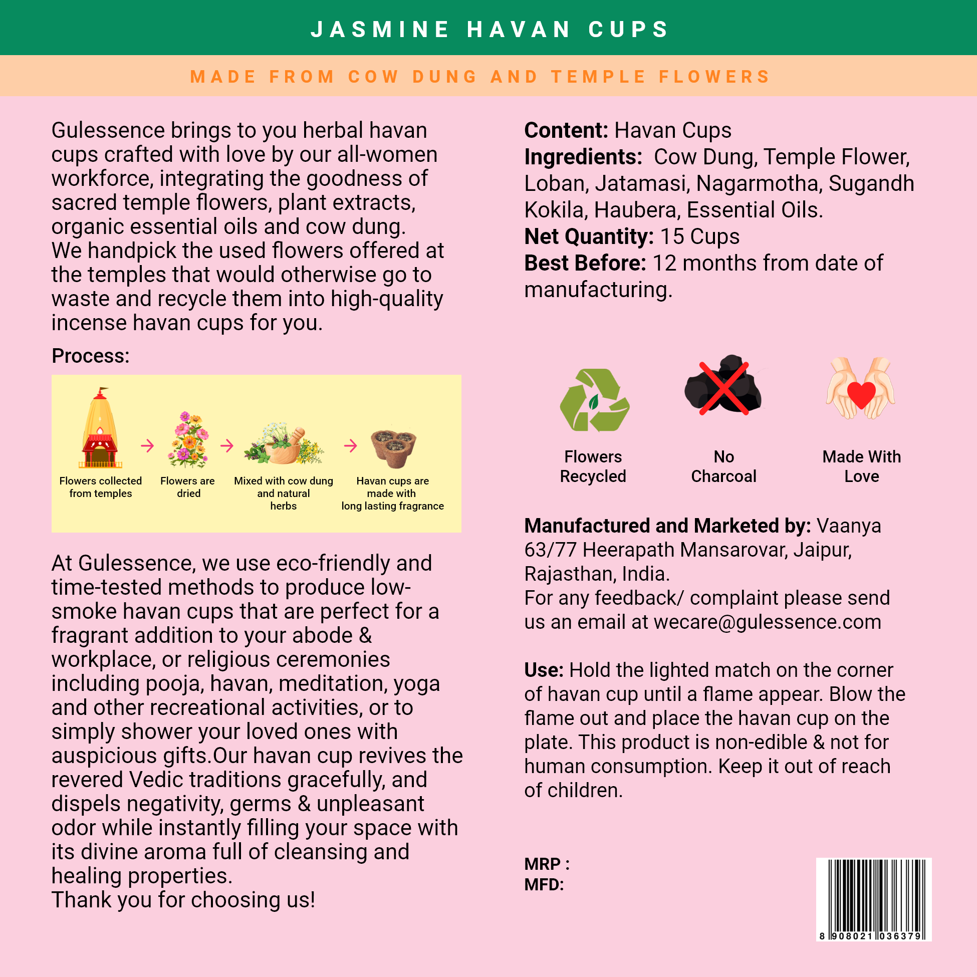 Jasmine Havan Cups | Made from Cow dung &amp; Temple Flower | Gulessence - Gulessence