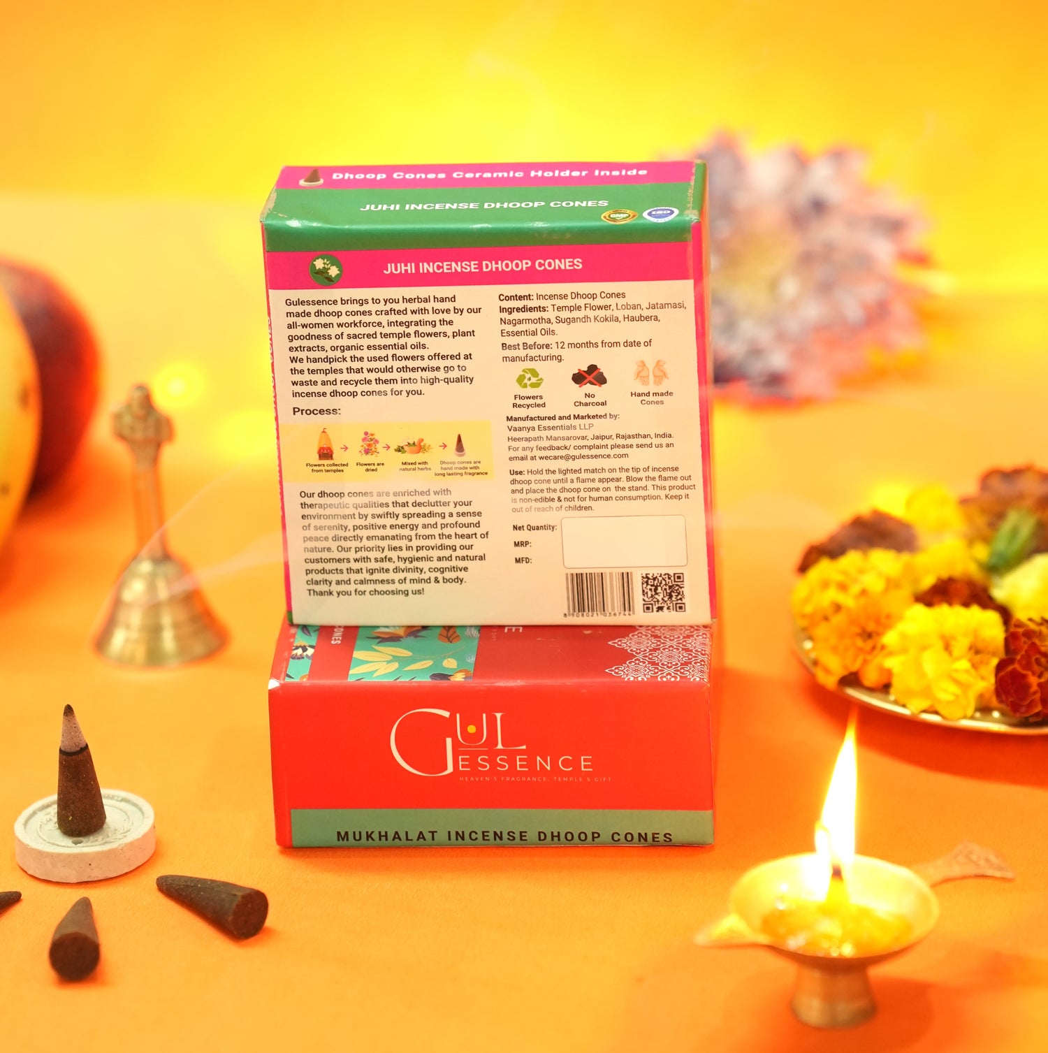 Juhi Dhoop Cones | Made from Temple Flower | Gulessence - Juhi dhoop cone used during daily puja at home mandir
Gulessence