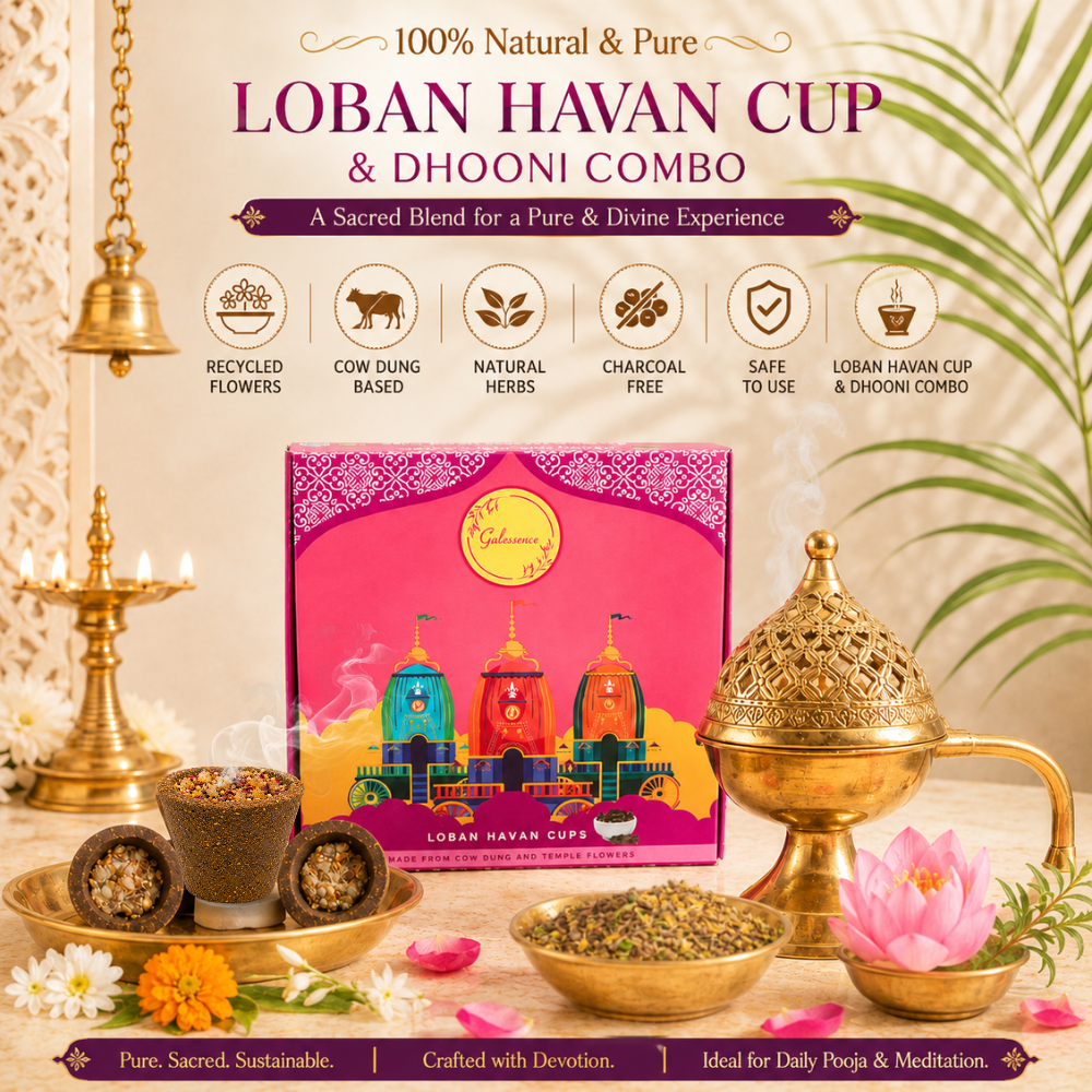 Loban Havan Cups &amp; Brass Dhooni – 15 Cups + Ceramic Plate | Cow Dung &amp; Temple Flowers| Gulessence