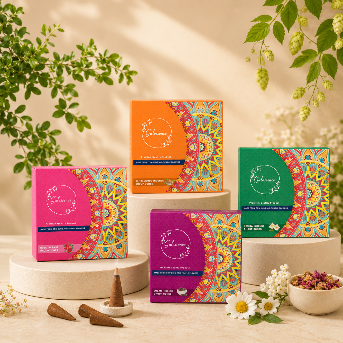 Loban, Rose, Jasmine &amp; Sandalwood Dhoop Cones combo box packaging | Gulessence
