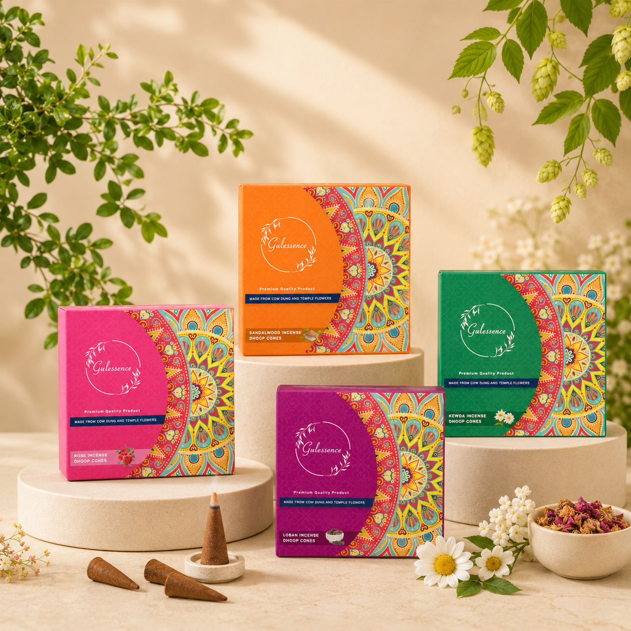 Loban, Rose, Jasmine &amp; Sandalwood Dhoop Cones combo box packaging | Gulessence