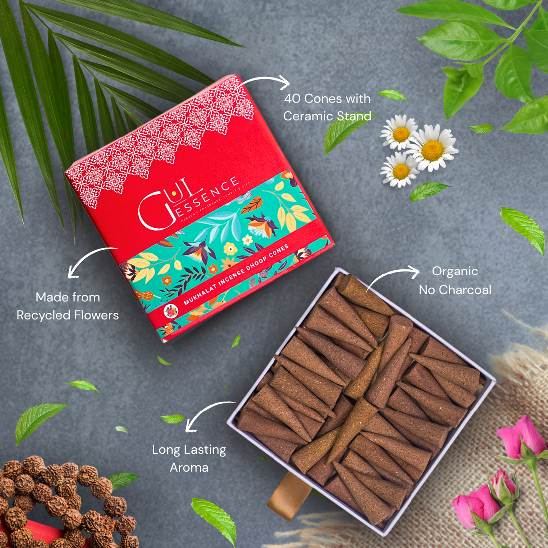 Mukhallat Dhoop Cones | Made from Temple Flower | Gulessence - Gulessence-Single Mukhallat dhoop cone made from recycled temple flowers, 1.5 inch size
