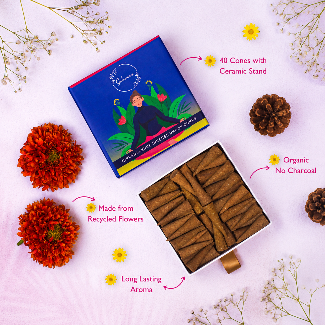 Nirvanasence Dhoop Cones box open showing 40 cones