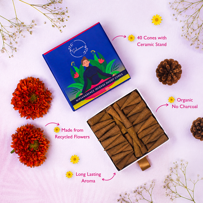 Nirvanasence Dhoop Cones box open showing 40 cones