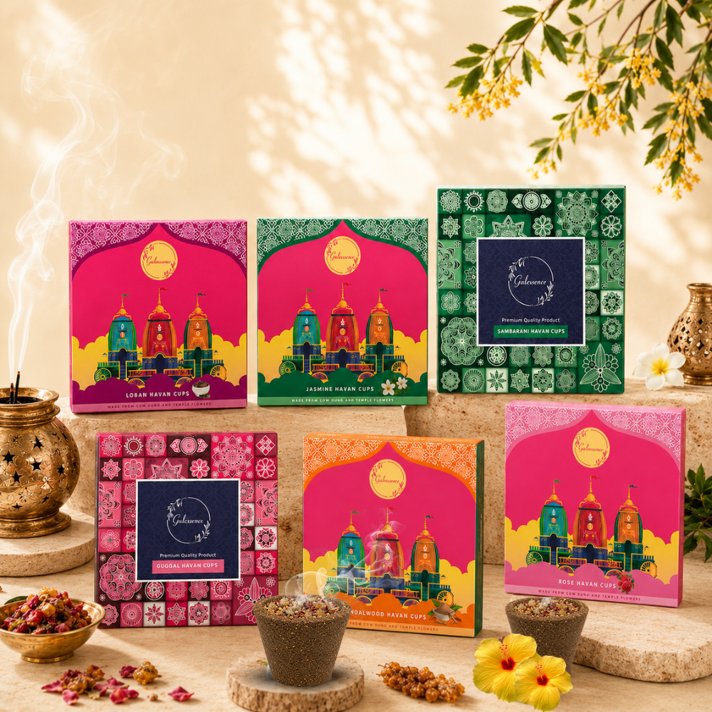 Gulessence Organic Havan Cups Combo – Pack of 6 | Rose · Jasmine · Loban · Guggal · Sambrani · Sandal | 90 Cups + Free Ceramic Plate