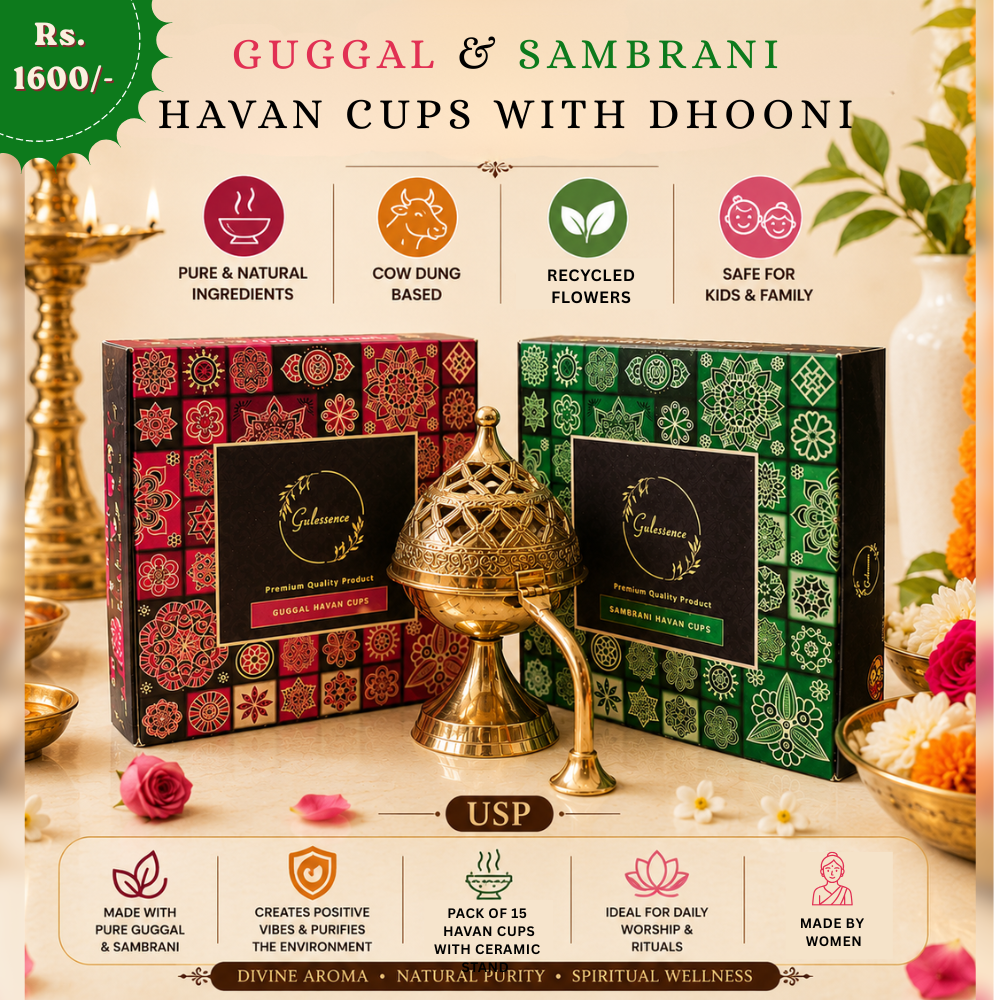 Sambrani &amp;amp; Guggal Havan Cups with Brass Dhooni – Charcoal-Free, Made from Cow Dung &amp;amp; Temple Flowers