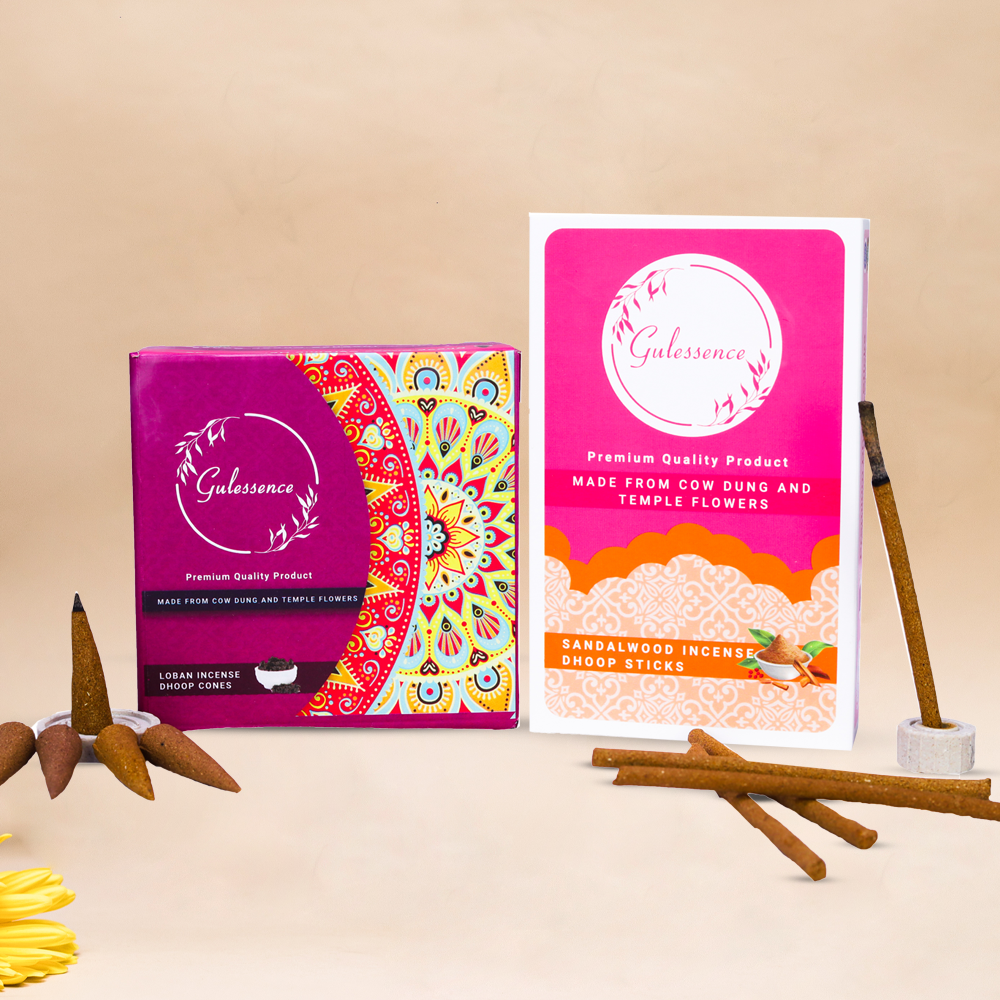 Loban Dhoop cones &amp; Sandalwood Dhoop sticks Petrichor - Made From Cowdung &amp; Temple Flowers | Combo Boxes | Gulessence - Gulessence