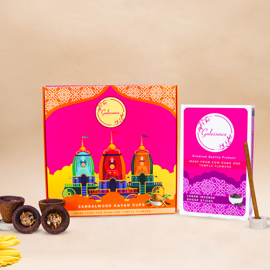 Sandalwood Havan cup & Loban Dhoop sticks Petrichor - Made from Cowdung & Temple Flowers | Combo Boxes | Gulessence - Gulessence