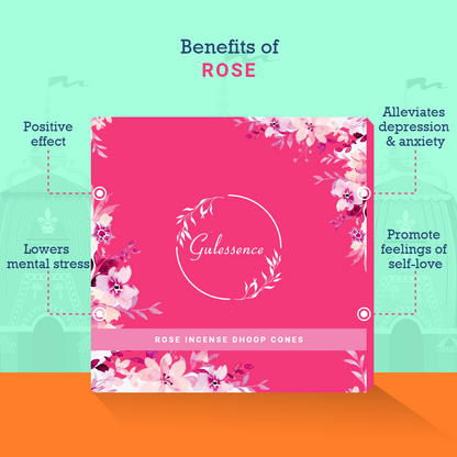 Rose Dhoop Cones | Made from Temple Flower | Gulessence - GulessenceRose Dhoop Cone used in home puja setting | Gulessence
Rose Dhoop Cones box open showing 40 cones | Gulessence