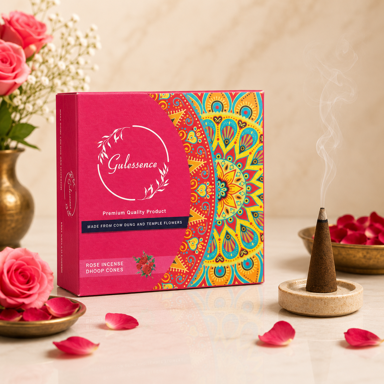Rose Dhoop Cones | Made from Cow dung &amp; Temple Flower | Gulessence - Gulessence 