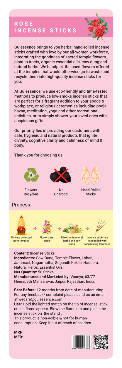 Rose Incense Sticks | Made from Cow dung &amp; Temple Flowers | Gulessence - Gulessence