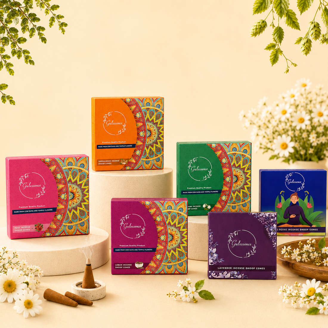 Rose, Lavender, Loban, Sandalwood, Nirvanasence &amp; Jasmine Dhoop Cones combo packaging | Gulessence