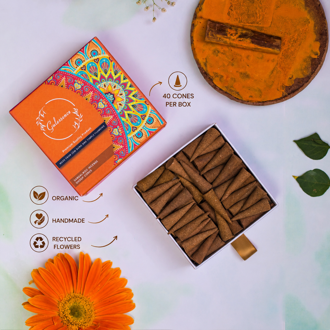 Sandalwood Dhoop Cones box packaging | GulessenceSandalwood Dhoop Cone used in home puja setting | Gulessence
Sandalwood Dhoop Cones box open showing 40 cones | Gulessence