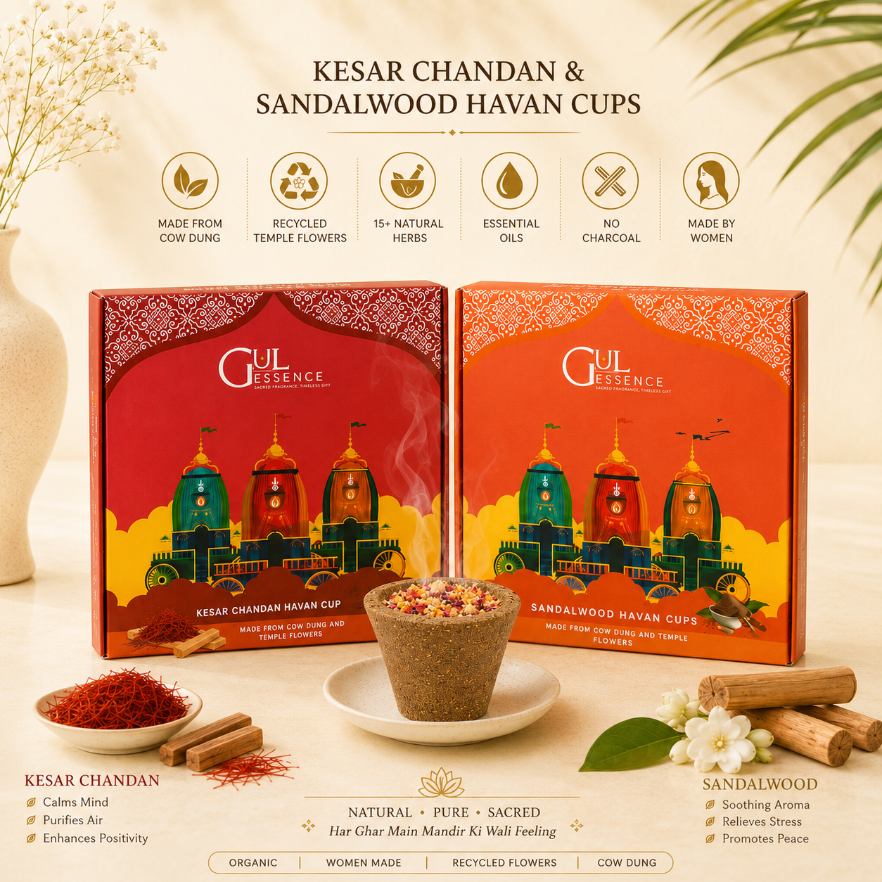 Sandalwood  &amp; Kesar Chandan Havan Cups|Made from Temple Flowers and Cow Dung | Pack of 2|30 Cups + Free Ceramic Plate| Gulessence