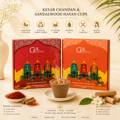 Sandalwood  &amp; Kesar Chandan Havan Cups|Made from Temple Flowers and Cow Dung | Pack of 2|30 Cups + Free Ceramic Plate| Gulessence