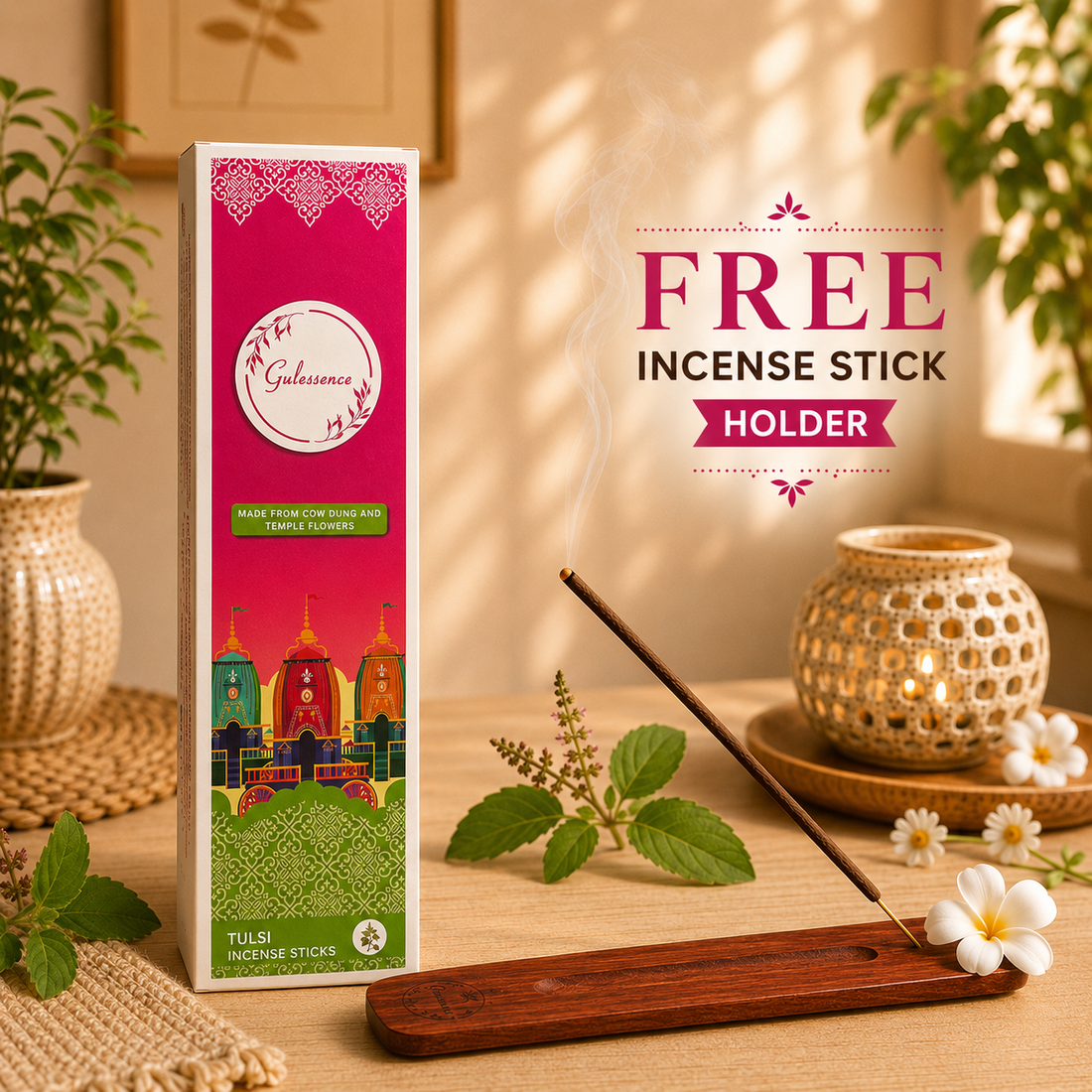 Tulsi Incense Sticks With Free Incense Holder | Made from Temple Flowers | Gulessence