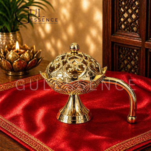 Gulessence Lotus Brass Dhooni with ceramic bowl and brass lid for havan cups dhoop cones sambrani and loban