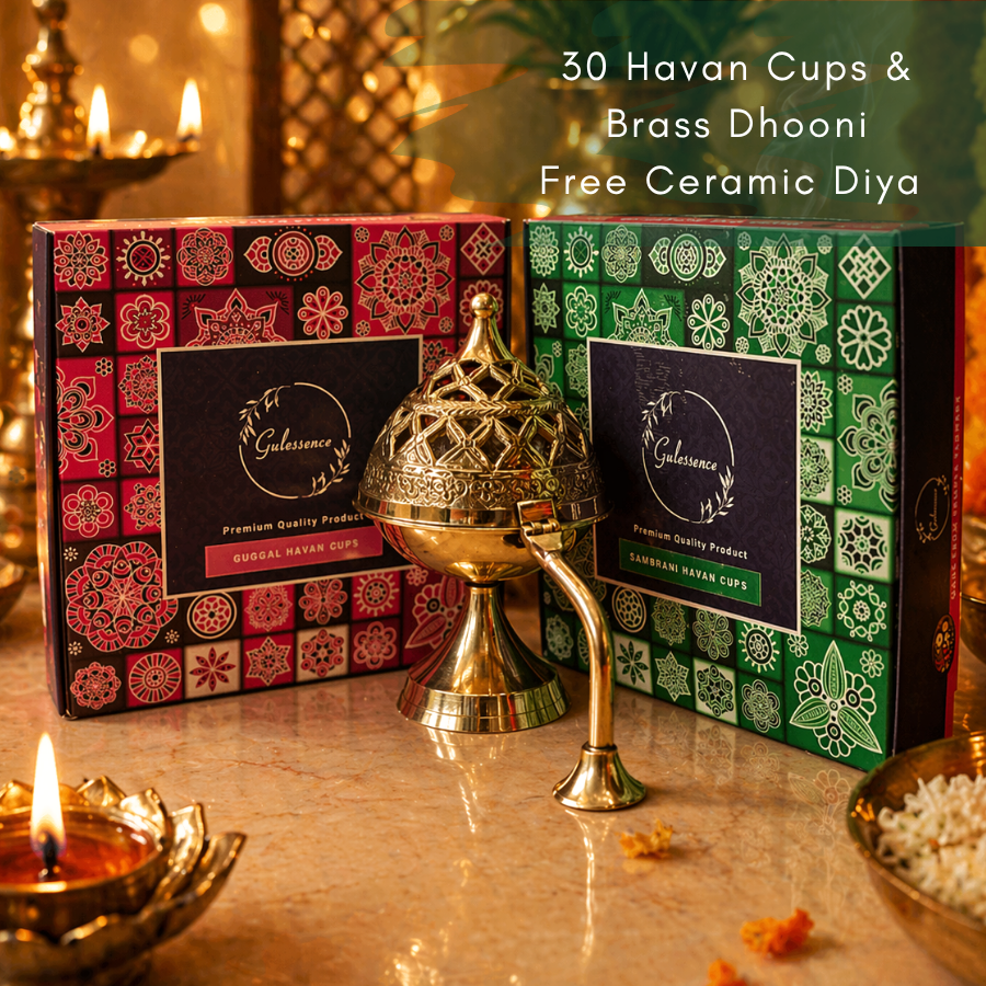 Sambrani &amp; Guggal Havan Cups &amp; Brass Dhooni | Made from Cow dung &amp; Temple Flower   |Gulessence - Gulessence