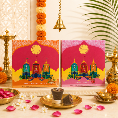 Rose &amp; Sandalwood Havan Cups – Pack of 2 | Charcoal-Free, Made from Cow Dung &amp; Temple Flowers