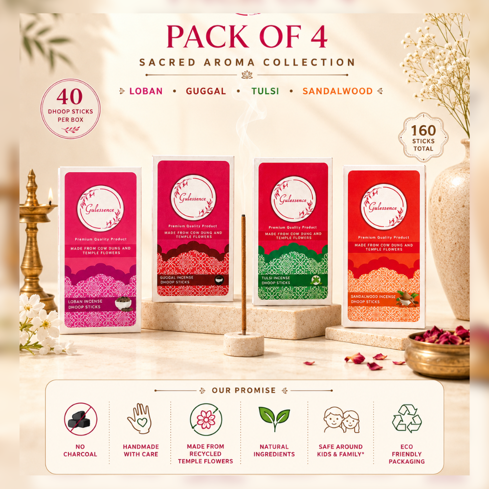 Gulessence Loban ,Sandal, Guggal &amp; Tulsi Bambooless Dhoop Sticks Combo | 4 × 40 Sticks with Ceramic Holder - Gulessence