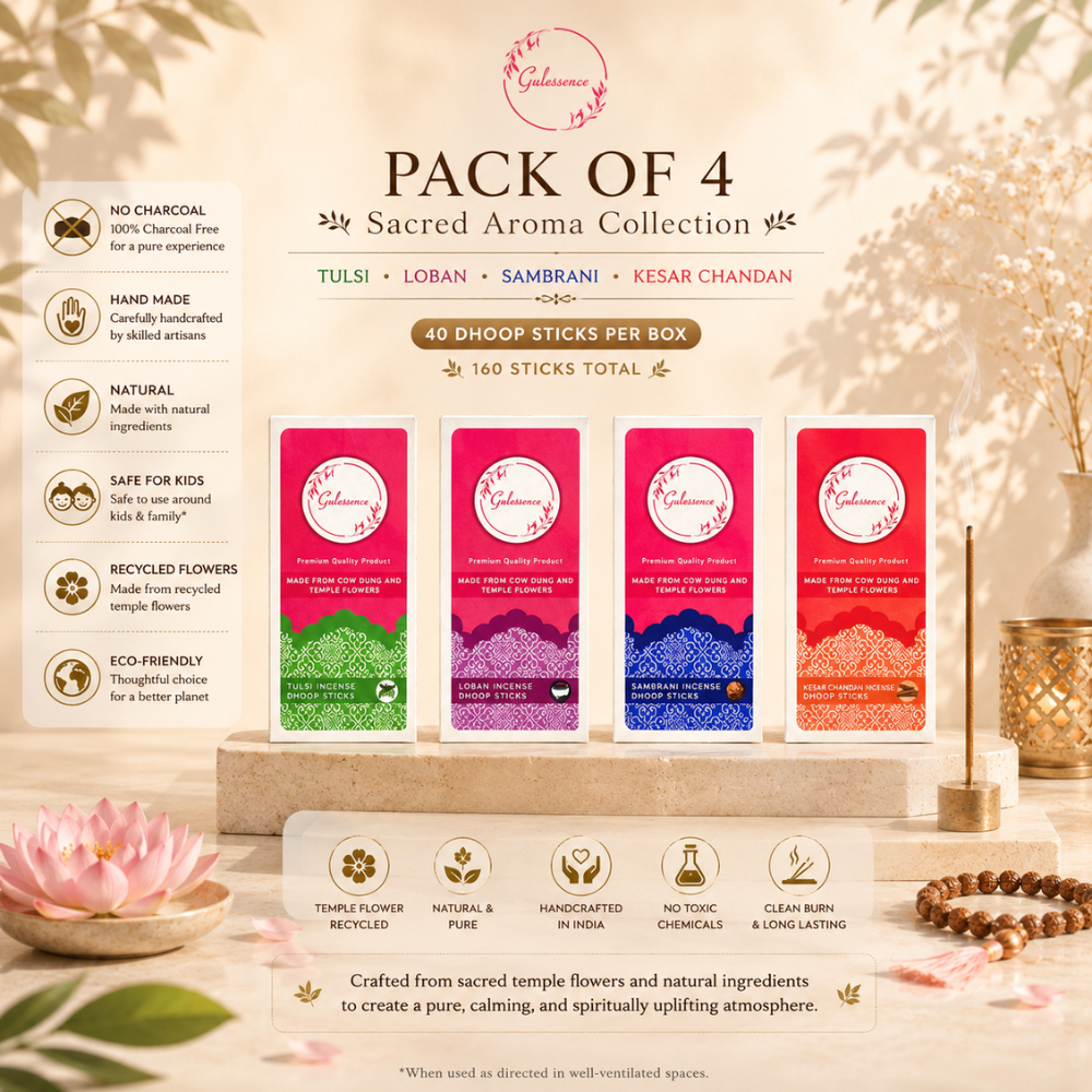 Gulessence Tulsi, Loban, Kesar Chandan &amp; Sambrani Bambooless Dhoop Sticks Combo – 120 Sticks + Ceramic Holder - Gulessence